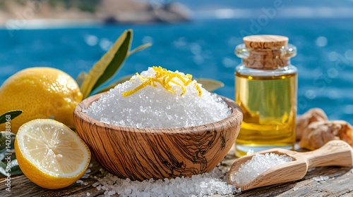 Sea salt scrub with lemon zest and olive oil in wooden bowl, ocean in background