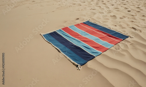 A beach towel lying on top of a sandy beach, perfect for a relaxing day at the coast