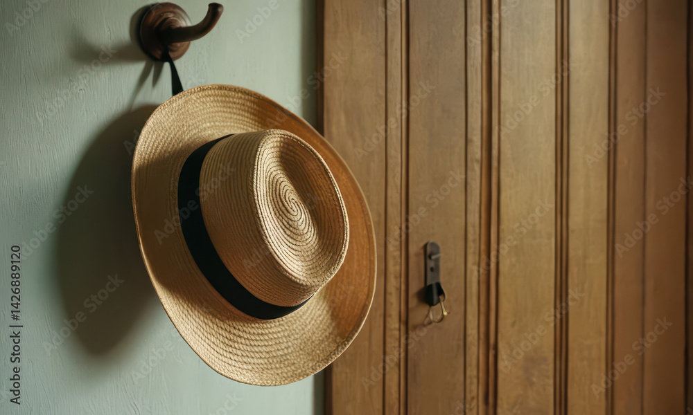 A hat hangs on the wall next to a door, perfect for use in interior design or fashion photography