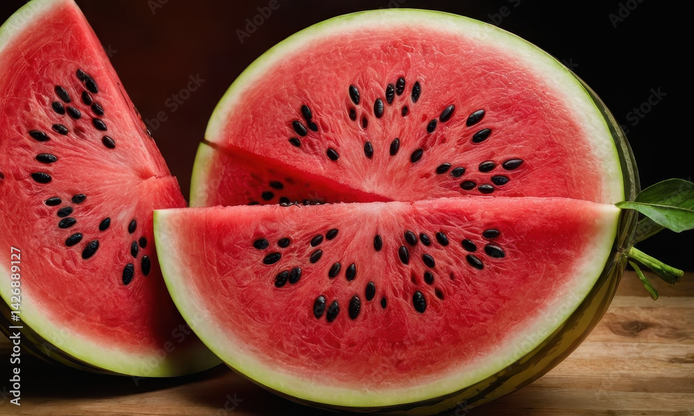 Fresh watermelon slices arranged on a rustic wooden table, perfect for summer gatherings or outdoor events