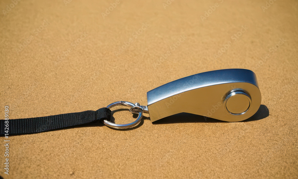 A simple illustration of a metal whistle attached to a short black leash, perfect for use in scenarios where a subtle attention-grabber is needed