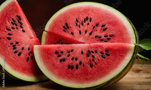 Fresh watermelon slices arranged on a rustic wooden table, perfect for summer gatherings or outdoor events