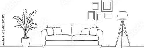 Continuous line interior with sofa, plan and floor lamp. One line drawing of Living room with modern furniture editable stroke. 