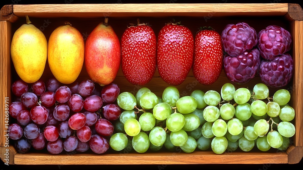 Colorful fruit arrangement in wooden crate Colorful fruit arrangement in wooden crate