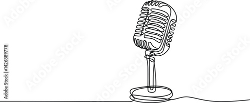 Vintage Microphone One Line Drawing, Minimalist Audio Art Sketch