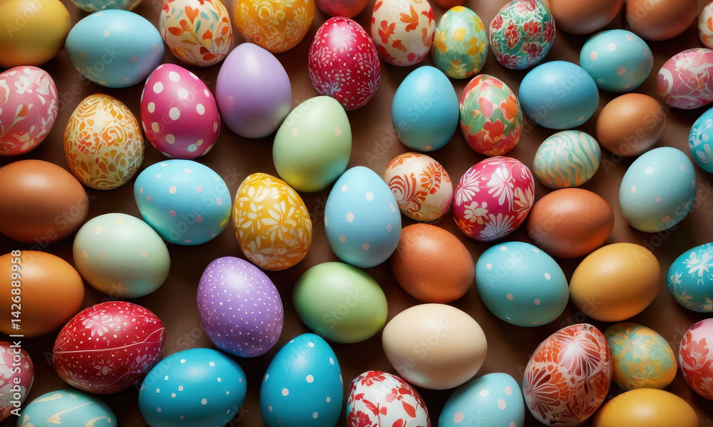 Colorful Easter eggs arranged on a table, ideal for holiday decorations or Easter-themed designs
