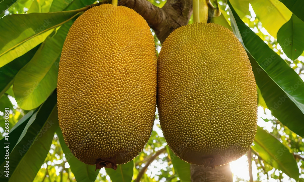 Fresh jackfruit fruit hanging from tree branch in sunny day