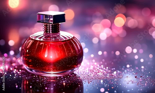 Red fluid inside glass bottle with square lid, bokeh background and glittery surface