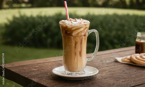 A refreshing glass of iced coffee placed on a wooden table, perfect for a cozy morning or afternoon