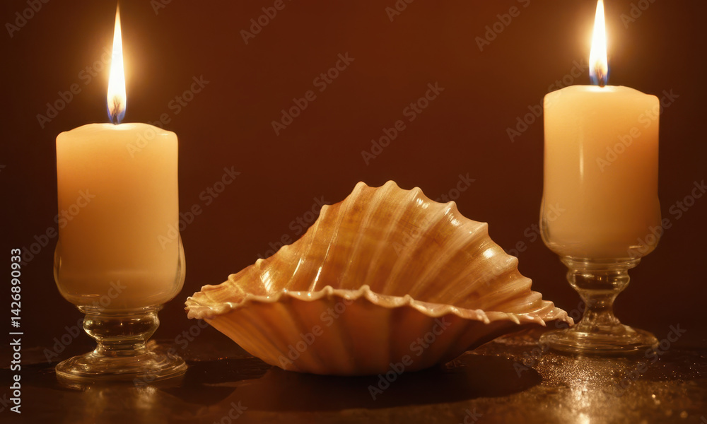 Candlelit table with shells and candles, suitable for coastal or beach-themed settings