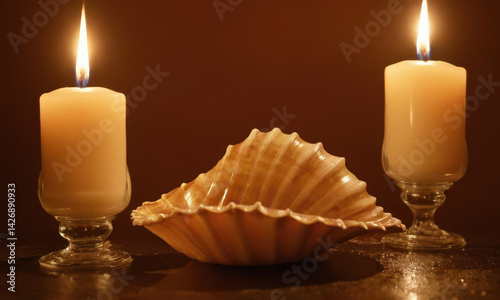 Obraz na płótnie Candlelit table with shells and candles, suitable for coastal or beach-themed settings w salonie