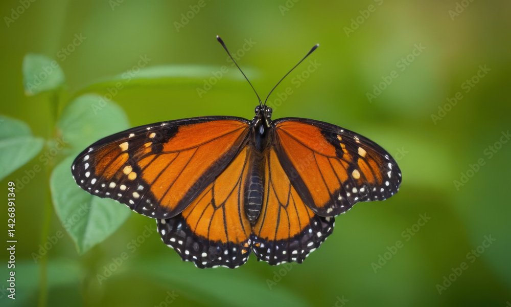 A monarch butterfly perched on a green leaf, ready for flight A monarch butterfly perched on a green leaf, ready for flight