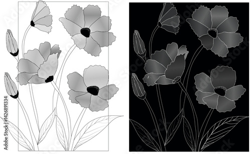 floral background with poppies.Black and white poppy flower line art background vector. Natural botanical elegant flower. Design illustration for decoration, wall decor, wallpaper, card