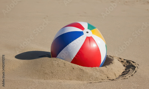 Obraz na płótnie A beach ball partially covered in sand on a sunny day w salonie