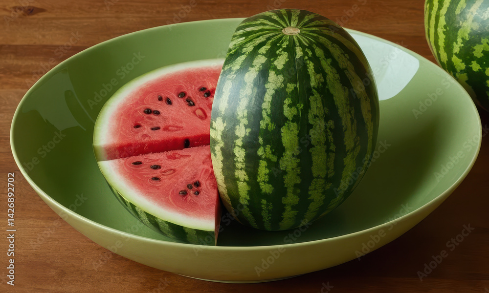 Fresh watermelon cut into two halves in a bowl, perfect for serving or snacking
