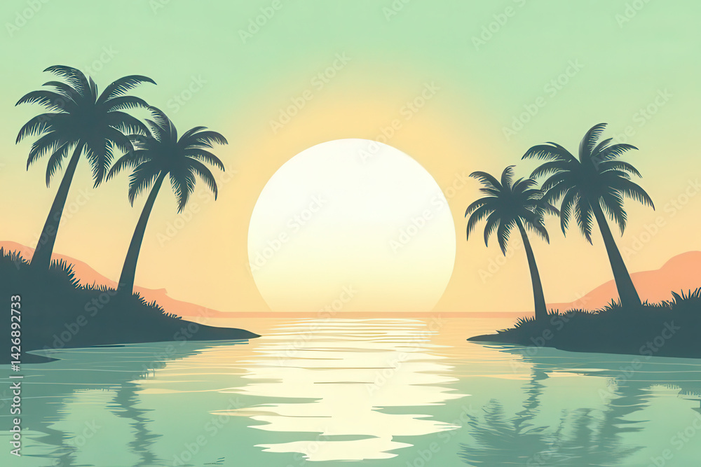 Fototapeta premium Discover Abstract Sunset Paradise: Mint Green Peach Pastel Sky, Silhouetted Palm Trees, Romantic Tranquil Atmosphere