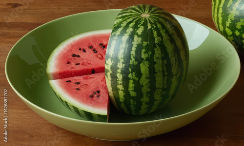 Obraz na płótnie Fresh watermelon cut into two halves in a bowl, perfect for serving or snacking w salonie