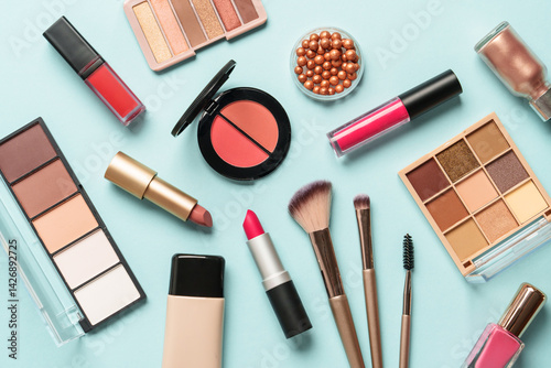 Obraz na płótnie Beauty products on blue background. Cosmetic palette, brushes, cream and lipsticks. Top view. w salonie