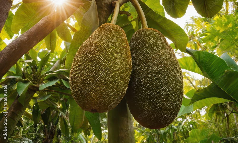 Two ripe jackfruits hang from a sunny tree, ready to be harvested