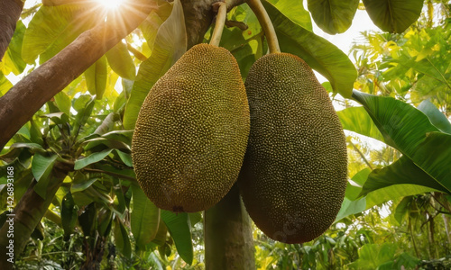 Obraz na płótnie Two ripe jackfruits hang from a sunny tree, ready to be harvested w salonie