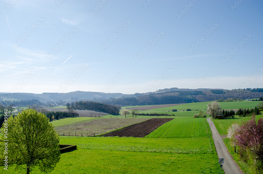 Scenic rural spring landscape in Germany countryside