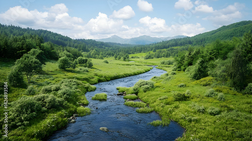 Tranquil River Winding Through Lush Green Valley