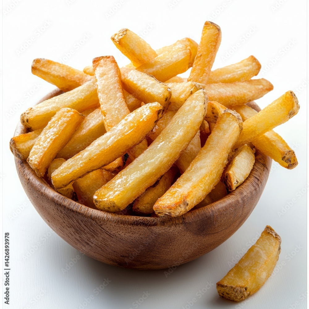 Crispy Golden French Fries Overflowing from a Rustic Wooden Bowl Crispy Golden French Fries Overflowing from a Rustic Wooden Bowl