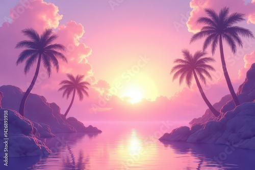 Discover the Enchanting Sunset Dreamworld: Abstract Lemon & Lavender Pastel Sky with Floating Palms in Surreal Candy-Colored Space