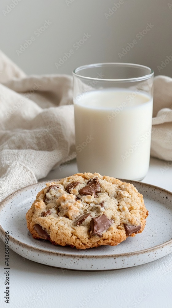 Fresh Chocolate Chip Cookie with Cold Milk on White Background, Dessert Treat Fresh Chocolate Chip Cookie with Cold Milk on White Background, Dessert Treat