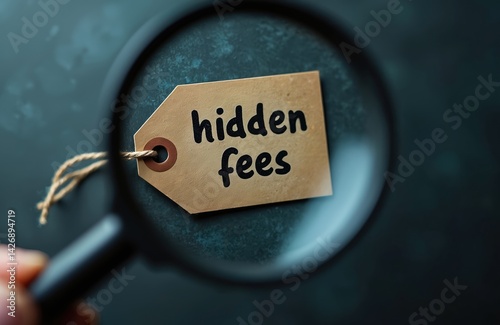 Conceptual illustration hidden fees in financial transactions. Tag with text hidden fees held against dark blurred background. Magnifying glass fee. Concept finance awareness transparency in spending.