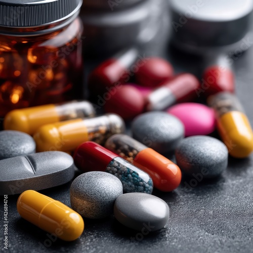 Close-up of various pills and capsules with prescription - overdose antidote drugstore addiction prescription