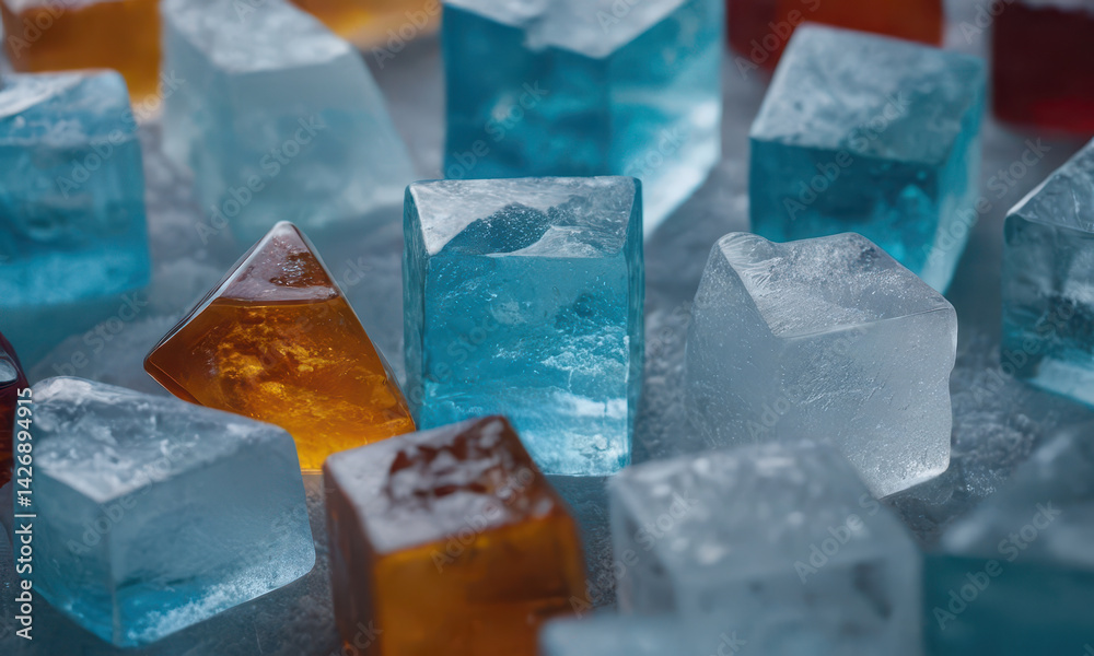 A collection of ice cubes siting on a table, possibly used for cooling drinks or as decoration A collection of ice cubes siting on a table, possibly used for cooling drinks or as decoration