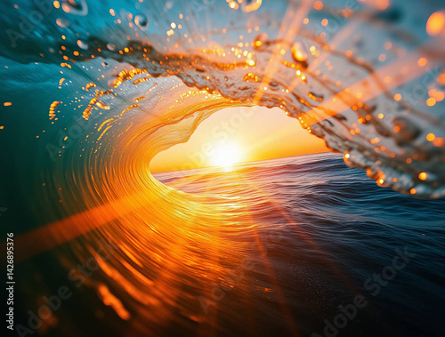a dynamic ocean wave curling towards the viewer. The wave forms a natural frame around a stunning sunset, with the sun positioned centrally in the background, casting a warm, golden glow across the ho