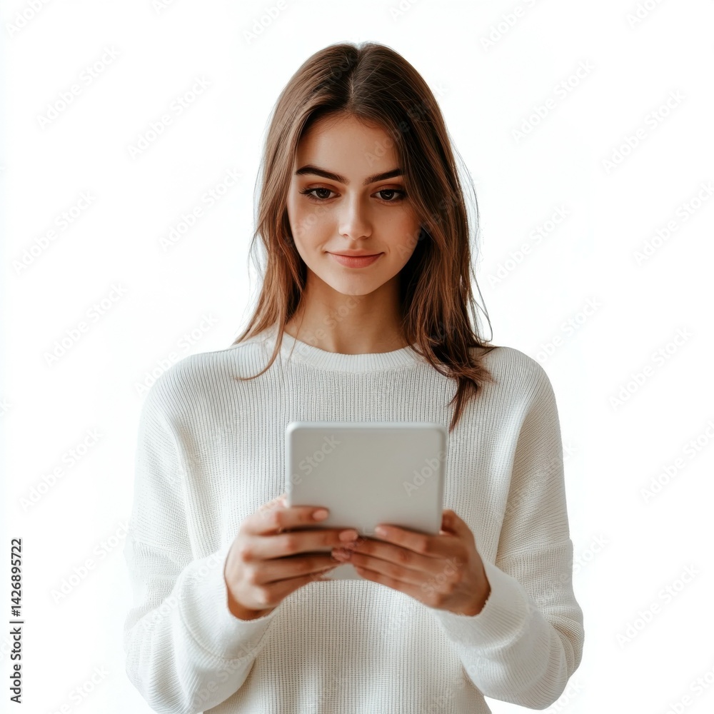 Young woman taking notes on a tablet, isolated on clean white background for stock image purposes Young woman taking notes on a tablet, isolated on clean white background for stock image purposes