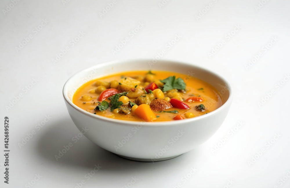 Delicious Indian sambar soup in white bowl on white background. Vegetable curry with drumsticks carrot potato onion. Traditional south indian food, vegetarian main dish, full of flavor. Delicious Indian sambar soup in white bowl on white background. Vegetable curry with drumsticks carrot potato onion. Traditional south indian food, vegetarian main dish, full of flavor.