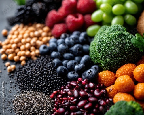 Close-up of a colorful, healthy meal plan with various fruits and vegetables - assortment plan variety ripe close-up © Wimon