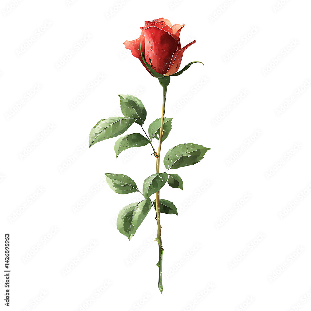 Obraz premium A single rose stem with leaves in a clean vector style, isolated on a white background