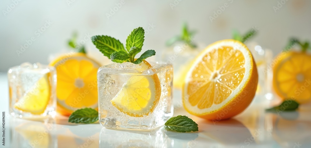 Refreshing citrus beverage with ice cubes, lemon slices, sprigs fresh mint. Cool drink for summer heat. Water splash, frozen cubes of lemon juice. Healthy hydration, vitamins, antioxidants in Refreshing citrus beverage with ice cubes, lemon slices, sprigs fresh mint. Cool drink for summer heat. Water splash, frozen cubes of lemon juice. Healthy hydration, vitamins, antioxidants in