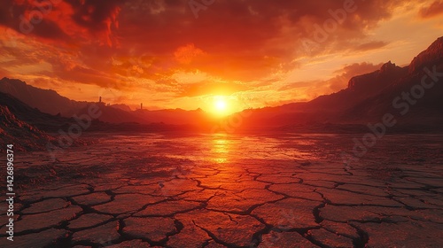 Bilde på lerret A dramatic sunset over a dry, cracked landscape, with vibrant orange and red hue