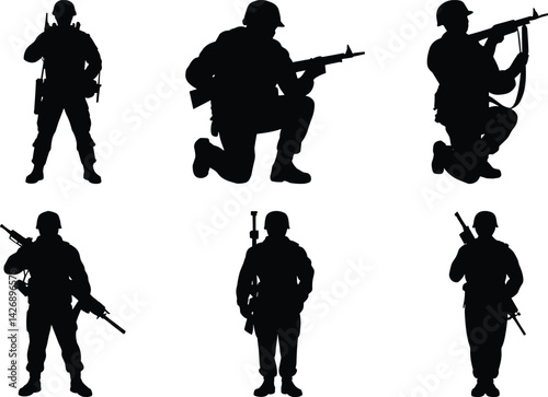 Patriotic Soldier Silhouettes for Memorial Day & Independence Day. USA Military and Veteran Day, 4th of July. American Flag, USA National Holidays, USA Pride & Patriotic Military Vector Illustration.