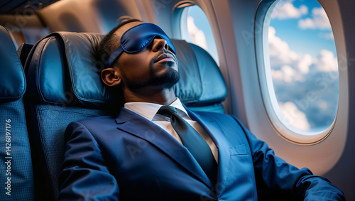 Obraz na płótnie portrait of african american businessman sleeping with sleep mask on airplane w salonie