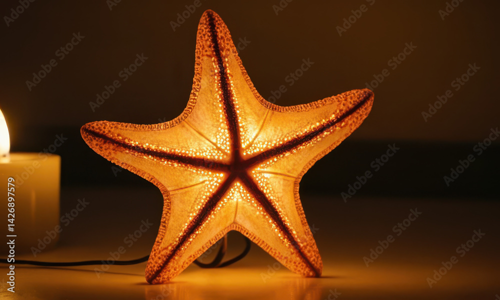 A decorative starfish shaped light with a candle in the background, perfect for adding warmth and ambiance to any space