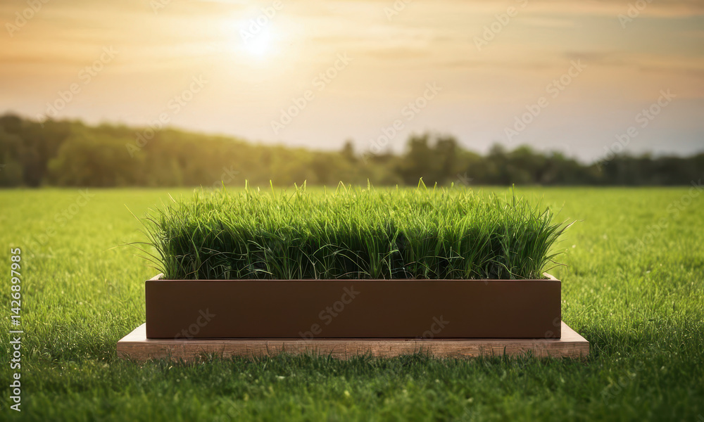 A planter filled with lush green grass in a field setting