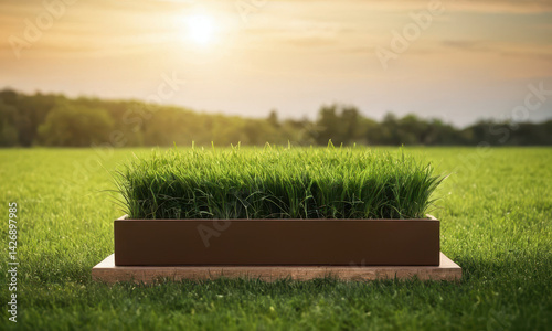 Obraz na płótnie A planter filled with lush green grass in a field setting w salonie