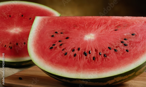 Obraz na płótnie Fresh watermelon slices arranged on a clean cutting board, ready for use in various recipes w salonie