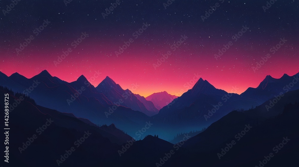 Fototapeta premium Majestic Mountain Landscape at Dusk with Starry Sky and Gradient Colors