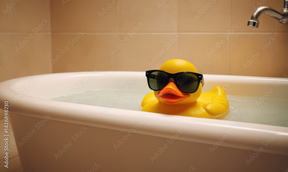 A fun and playful rubber duck enjoying some relaxing time in the bathtub, wearing trendy sunglasses