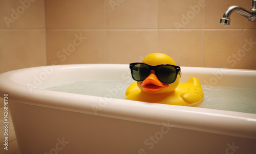 Obraz na płótnie A fun and playful rubber duck enjoying some relaxing time in the bathtub, wearing trendy sunglasses w salonie