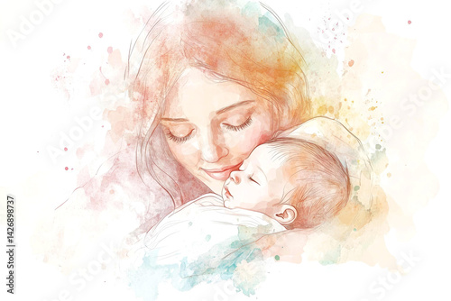 Emotive sketch of mother holding her baby