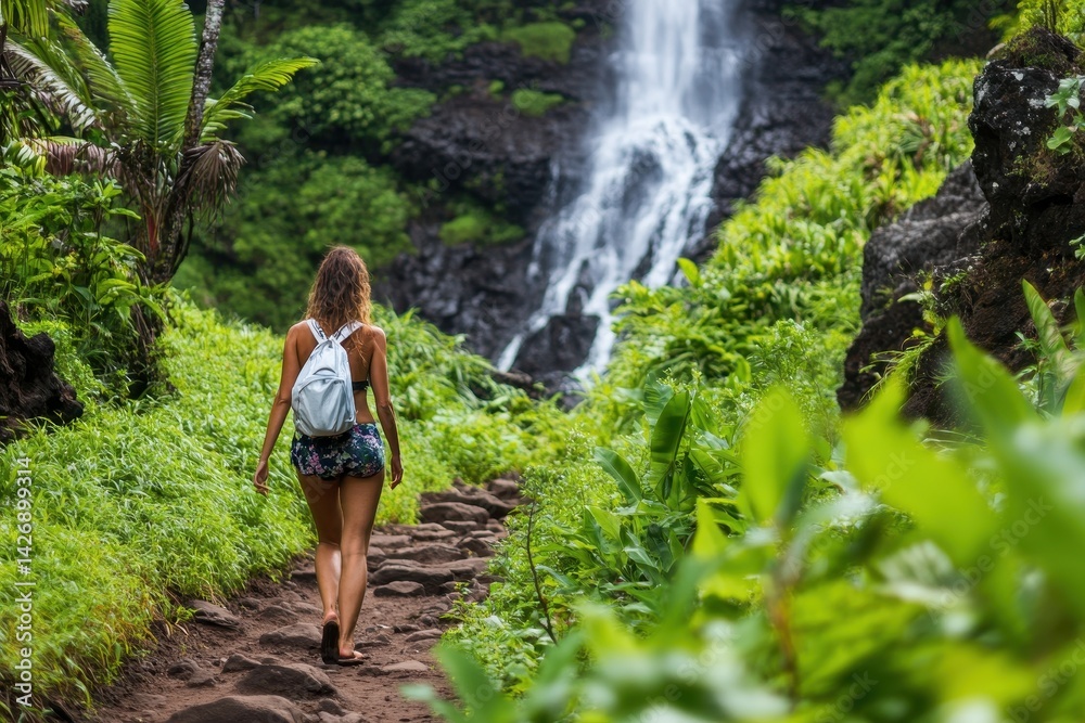 Naklejka premium Woman walking towards a Hawaiian waterfall surrounded by lush greenery, Woman walking towards Hawaiian waterfall in slow motion